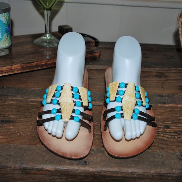 New Chadwicks Turquoise and Shell Beaded Sandal - Picture 2 of 7
